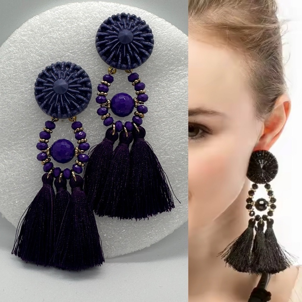 NWT Stunning Deep Purple Tassel Statement Earrings Gold Accent Boho Chic